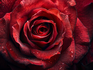 Gros plan d'une rose rouge en train d'éclore, décorée par la rosée, fond noir - obrazy, fototapety, plakaty