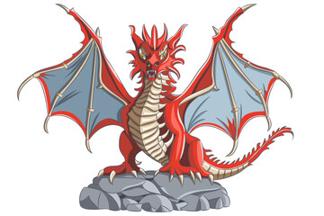 Vector drawing of a red dragon with open wings isolated on a white background.