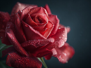Gros plan d'une rose rouge en train d'éclore, décorée par la rosée, fond noir