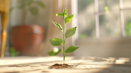 a small sapling growing in a home with sunlight from window, clean air
