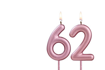 Candle number 62 - Lit birthday candle on white background