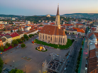 Sunset aerial view of Piata Unirii square in Cluj-Napoca, Romania