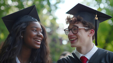 Cinematic Still Frame of White and Black Students in Caps and Gowns Celebrating College Graduation