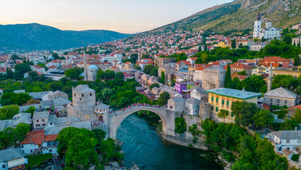 Sunset view of the old Mostar bridge in Bosnia and Herzegovina