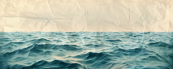 Watercolor painting of the sea on old, crumpled, faded paper. Retro style image of cyan ocean water...