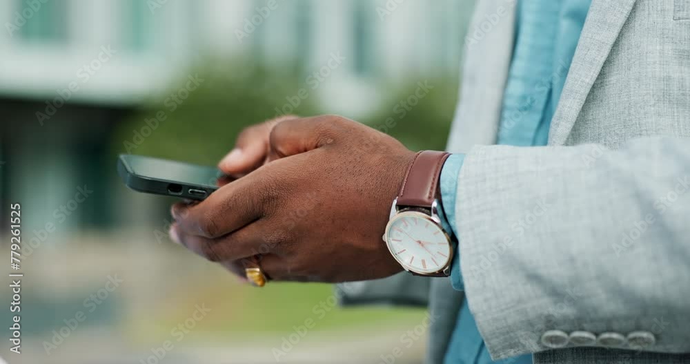 Poster phone, search and hands of businessman in a city with web conversation, chat or b2b networking close