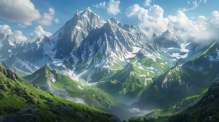A breathtaking mountain vista with snow-capped peaks and green valleys.