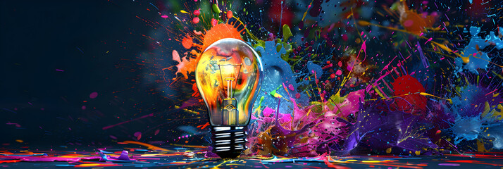 Colorful bulb with splash of colors on black background, Brightly colored light bulb.