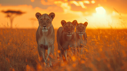 A pride of lions walks majestically during a golden sunset in the savanna.