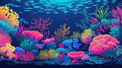 Fototapeta na wymiar A stunning digital illustration depicting a colorful and diverse underwater coral reef ecosystem with various species of coral and marine life