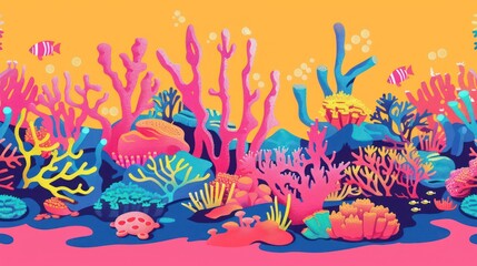 A colorful and detailed illustration of a bustling underwater coral reef scene, showcasing a variety of coral species and small fish