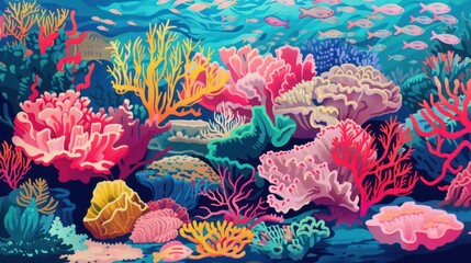 Fototapeta na wymiar Vibrant illustration of a bustling underwater scene filled with diverse coral species and tropical fish swimming amongst the sea flora A lively portrayal of marine biodiversity