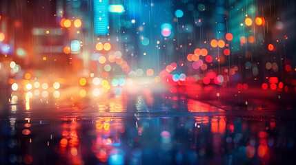 A blurry cityscape with raindrops on the ground