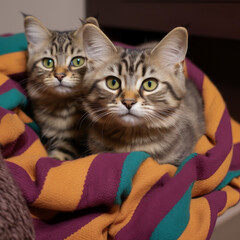 Two Tabby Cats Wrapped in Colorful Blanket

