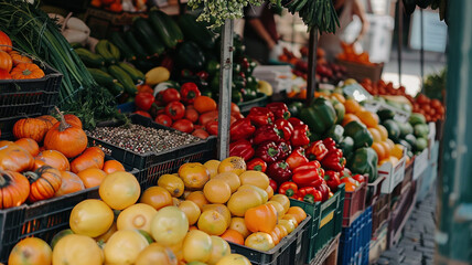 A vibrant market stall filled with fresh fruits and vegetables. - obrazy, fototapety, plakaty