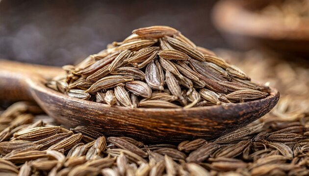 A macro photograph focusing on a cluster of cumin seeds, showcasing their elongated shape