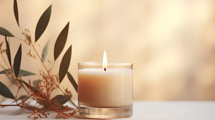 
Burning candle on natural beige studio background, clear glass, no label, stone texture, bright...