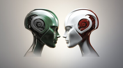 Heads of two identical green and red cyborgs facing each other. Futuristic robotic beings or aliens. Concepts of artificial intelligence, technology. - obrazy, fototapety, plakaty