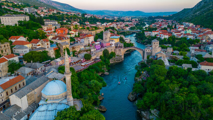Sunset view of the old Mostar bridge in Bosnia and Herzegovina