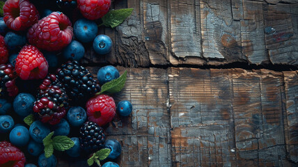 A close-up of juicy ripe berries nestled on a rustic wooden surface.
