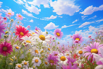 Obraz na płótnie Canvas Blossoming Field of Daisies, Bright Summer Day, Clear Blue Sky