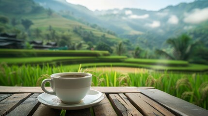 A cup of coffee in a hut next to a rice field in the morning. Drinking coffee in the morning is a pleasure and tranquility. - obrazy, fototapety, plakaty