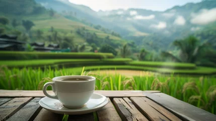 Foto op Plexiglas A cup of coffee in a hut next to a rice field in the morning. Drinking coffee in the morning is a pleasure and tranquility. © an