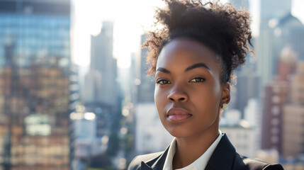 African American Businesswoman, Serious Expression, Urban Skyline Background - obrazy, fototapety, plakaty