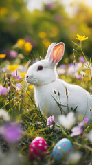 Curious White Rabbit Exploring Flowering Meadow with Easter Eggs