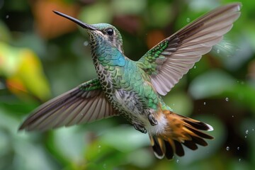 Fototapeta premium A detailed image capturing a hummingbird in mid-flight with its wings fully extended and clear background