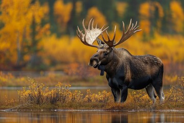 An impressive moose with large antlers stands in a shallow lake surrounded by colorful fall foliage