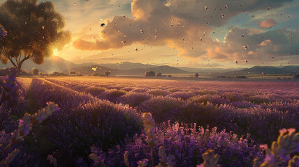 A sunlit field of lavender stretching to the horizon, with bees buzzing among the fragrant blooms. - obrazy, fototapety, plakaty