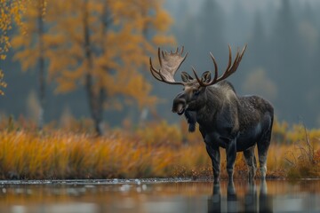 A solitary moose showcases its stunning antlers amongst a picturesque background of autumnal colors and reflections