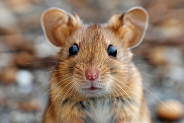 This detailed close-up showcases the innocent and curious gaze of a little brown mouse, with its detailed fur and whiskers on display