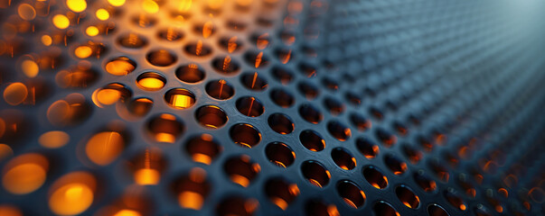 Metallic texture of backlit perforated surface, with orange light coming through the holes. Technological honeycomb background, industrial abstract, modern engineering.