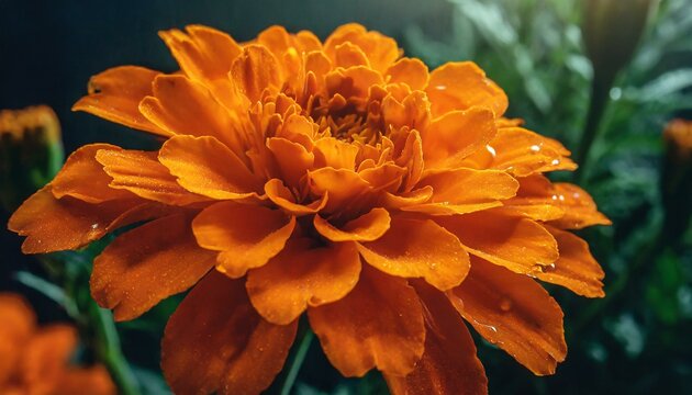 A majestic close-up of a marigold bloom, showcasing its fiery orange petals 