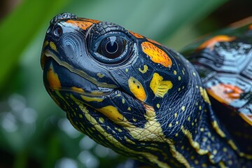 Obraz premium Vibrant close-up shot capturing the intricate patterns and colors on the turtle's face with sharp details