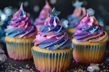 cosmic galaxy cupcakes with dark background and sparkling decorations for events