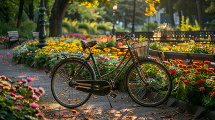 Fototapeta na wymiar A charming bicycle parked near a blooming flowerbed in a park.