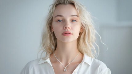 Close-Up of Blonde Woman Adorning Minimalist Moonstone Necklace in Professional Photography