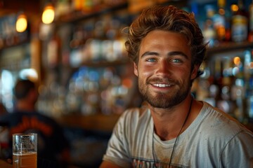 Cheerful young man with a bright smile sitting casually at a bar with a beer, displaying a laid-back vibe