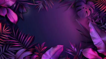 Lush tropical foliage in shades of purple, pink, and green forming a frame on a vivid purple background, perfect for creative design space - obrazy, fototapety, plakaty