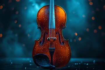 An elegant violin with water droplets glistening under a delicate blue-hued light, creating a serene atmosphere