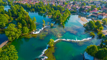 Panorama of rapids on river una in Bosnian town Bihac