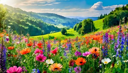 Fototapeta premium A picturesque landscape capturing a sunlit meadow blanketed with colorful wildflowers 