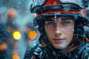 Close-up of a young firefighter with a helmet and rain droplets on his face, showing resolve and bravery