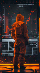 Men in Orange Gas Suit Hoodies Analyzing Price Discovery Charts on Big Screen Against Dark Lab Background with Dimmed Orange Lights
