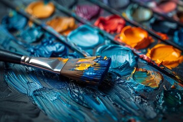 Vibrant brush strokes of colorful oil paint on a palette, reflecting creativity and the process of...