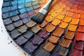 Close-up view of vibrant oil paint texture with a large brush on a canvas, depicting the dynamic...