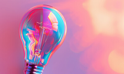 vibrant electric lightbulb with rainbow reflections on a purple haze background